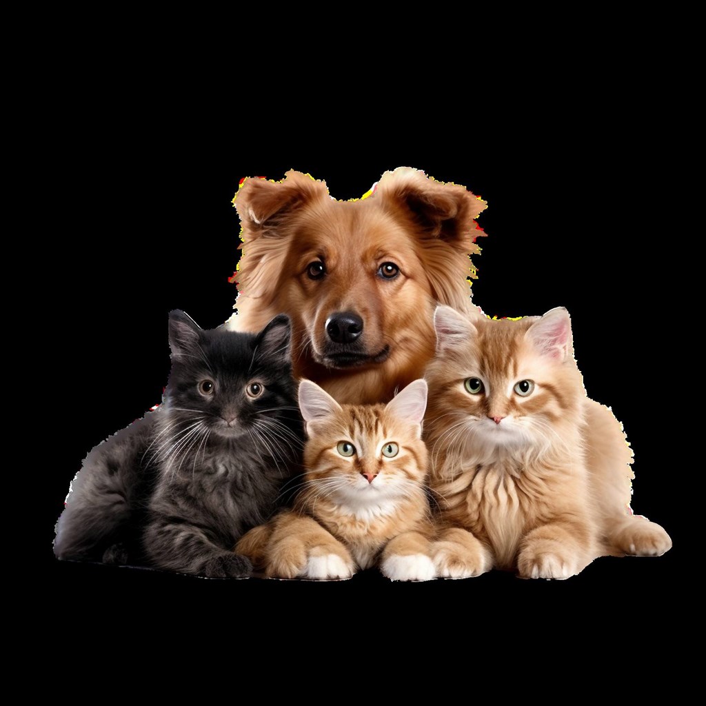A dog and three cats are sitting together.