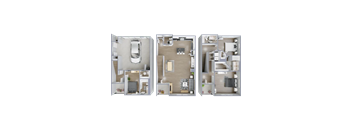 A set of three floor plans for a house with a garage, living room, and kitchen.