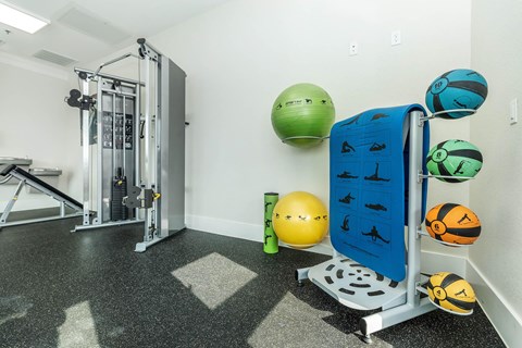 A gym with a variety of exercise balls on the wall.