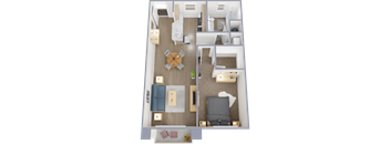 A top-down view of a small apartment with a living room, kitchen, and bedroom.