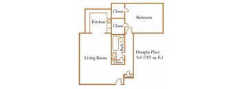 A diagram of a room showing a living room, kitchen, bathroom and bedroom.