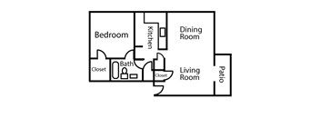 A simple black and white diagram of a house layout with labeled rooms.