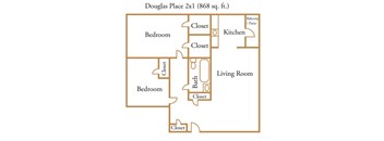 A diagram of a 2x1 room with a living room, kitchen, and three bedrooms.