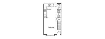 A floor plan of a living room with a kitchen and bathroom.