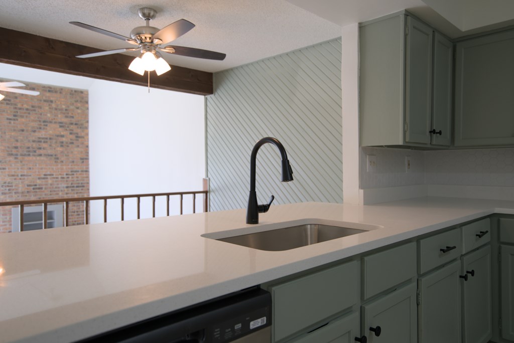 A kitchen with a stainless steel sink and green cabinets.
