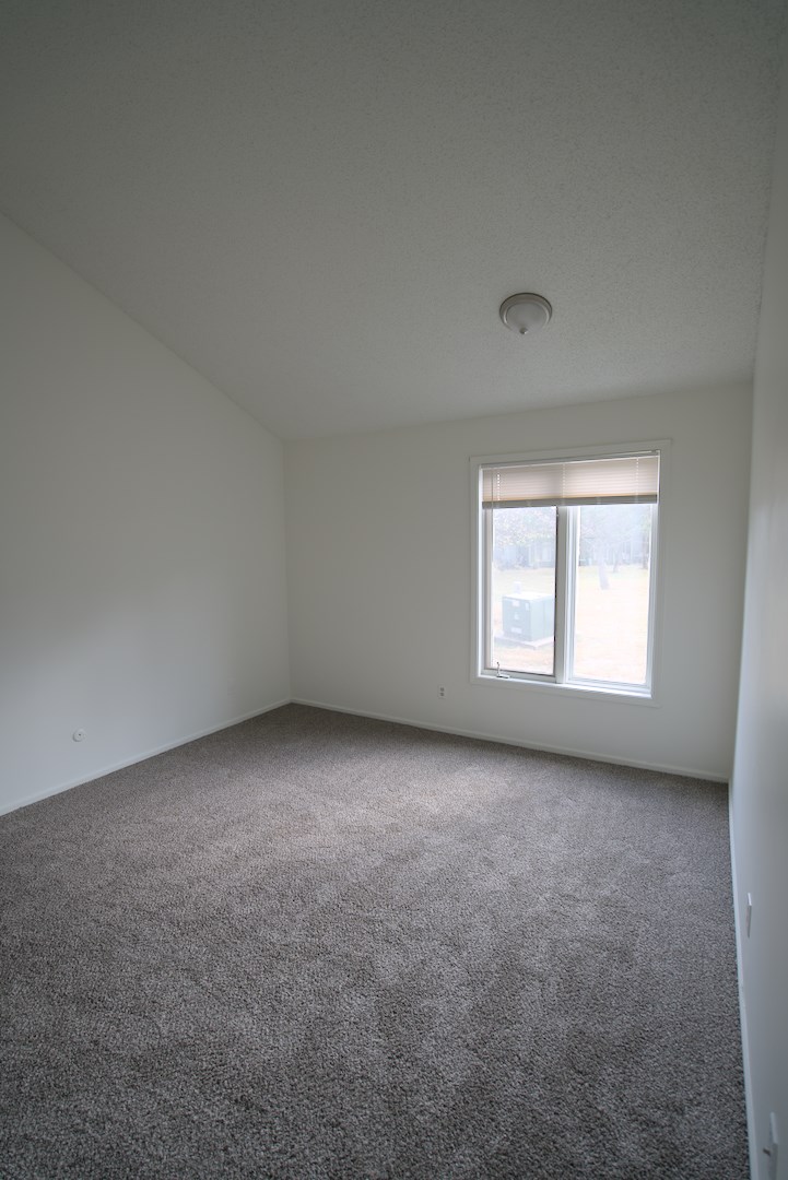 A room with a carpeted floor and a window.