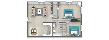 A top-down view of a house layout with a living room, kitchen, and two bedrooms.