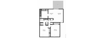 A floor plan of a house with a patio, two bedrooms, a living room, a dining room, and a kitchen.
