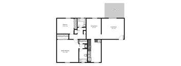 A floor plan of a house with a master bedroom, a living room, a dining room, and a patio.