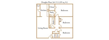 A diagram of a 3x1.5 Douglas Place apartment with 1,335 square feet.