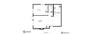 A floor plan for a home with a living room, kitchen, and bathroom.