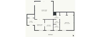 A black and white image of a floor plan for a small apartment.