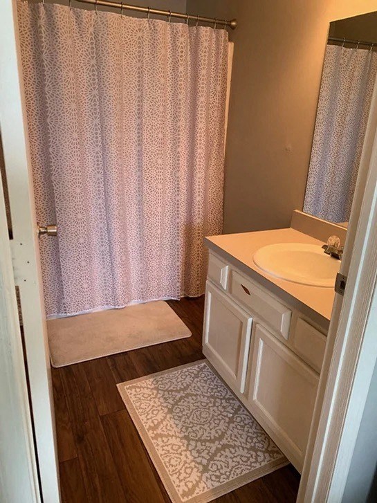 a bathroom with a sink and a shower