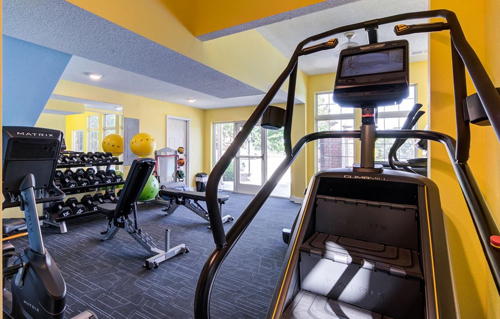 a gym with weights and cardio equipment at the monarch apartments in midtown