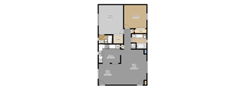 A floor plan of a house with a master bedroom, two bathrooms, a kitchen, a dining room, and a living room.
