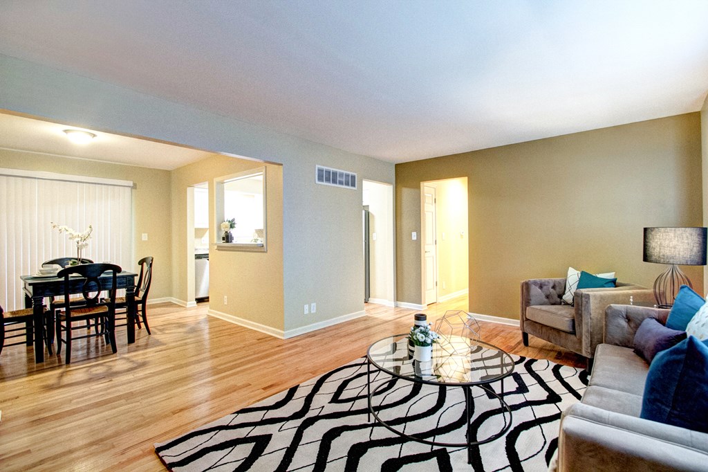 A living room with a black and white rug and a grey couch.