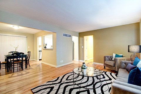 A living room with a black and white rug and a grey couch.