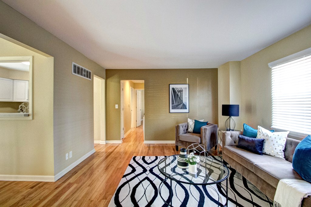 A living room with a couch, coffee table, and rug.