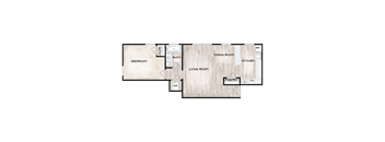 A floor plan of a house with a bedroom, living room, dining room, kitchen, and pantry.