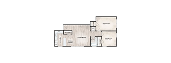 A floor plan of a house with a pantry, two bedrooms, a living room, a dining room, a kitchen, and a bathroom.