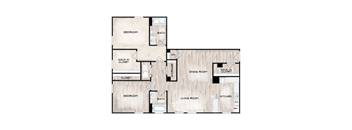 A floor plan of a house with two bedrooms, a living room, a dining room, a kitchen, a walk-in closet, and a storage area.