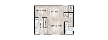 A floor plan of a small apartment with a kitchen, sleeping area, and bathroom.