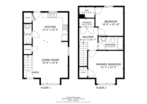 A floor plan of a two-story house with a living room, kitchen, and two bedrooms.