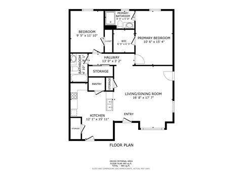 A black and white floor plan of a house with a living room, two bedrooms, a bathroom, a pantry, a kitchen, and a storage area.