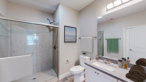 A bathroom with a white toilet, sink, and shower.