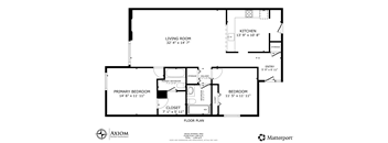 A floor plan of a home with a living room, kitchen, primary bedroom, and a bedroom.