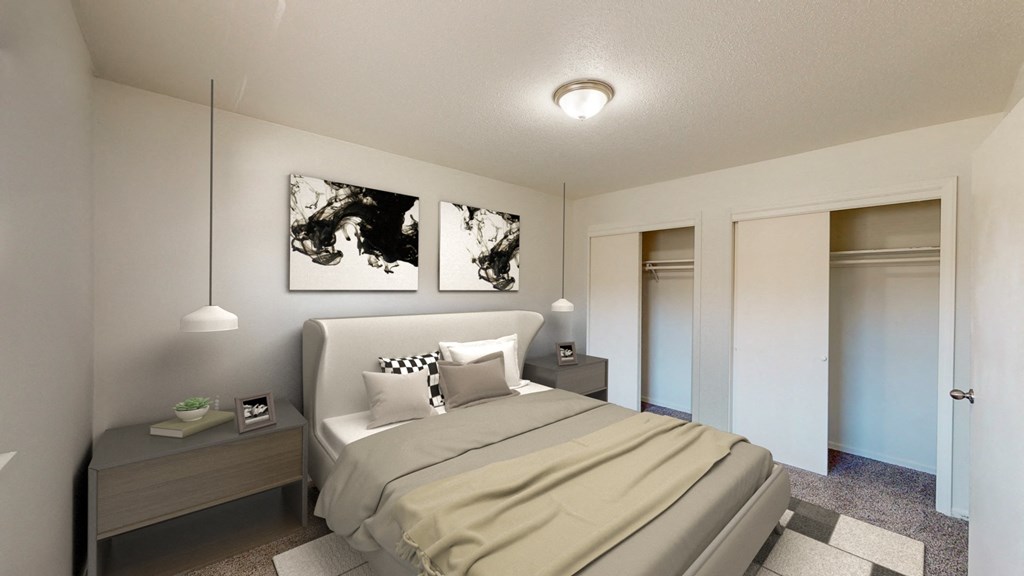 3d rendering of a bedroom with a bed and a closet