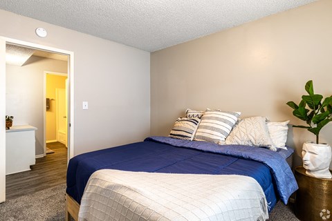 a bedroom with a bed and a door to a bathroom