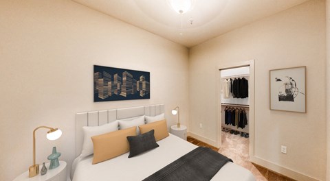 A bedroom with a large bed and a painting on the wall.