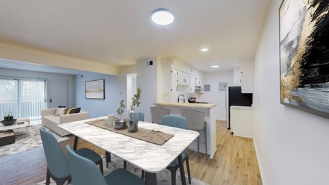 A dining room with a table and chairs.