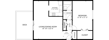 A floor plan of a house with a kitchen, living room, bedroom, closet, and bathroom.