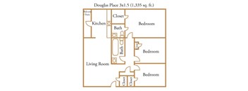 A diagram of a 3x1.5 Douglas Place apartment with 1,335 square feet.