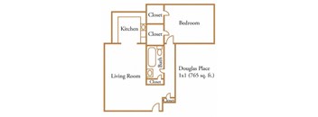 A diagram of a room showing a living room, kitchen, bedroom and bathroom.