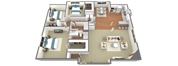 A 3D rendered image of a house layout.
