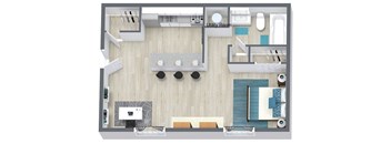 A top-down view of a room with a kitchen, dining area, and a utility room.