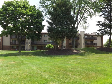 A grassy area in front of a building with trees.