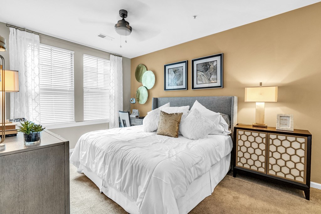 Large bedroom space with lots of natural light