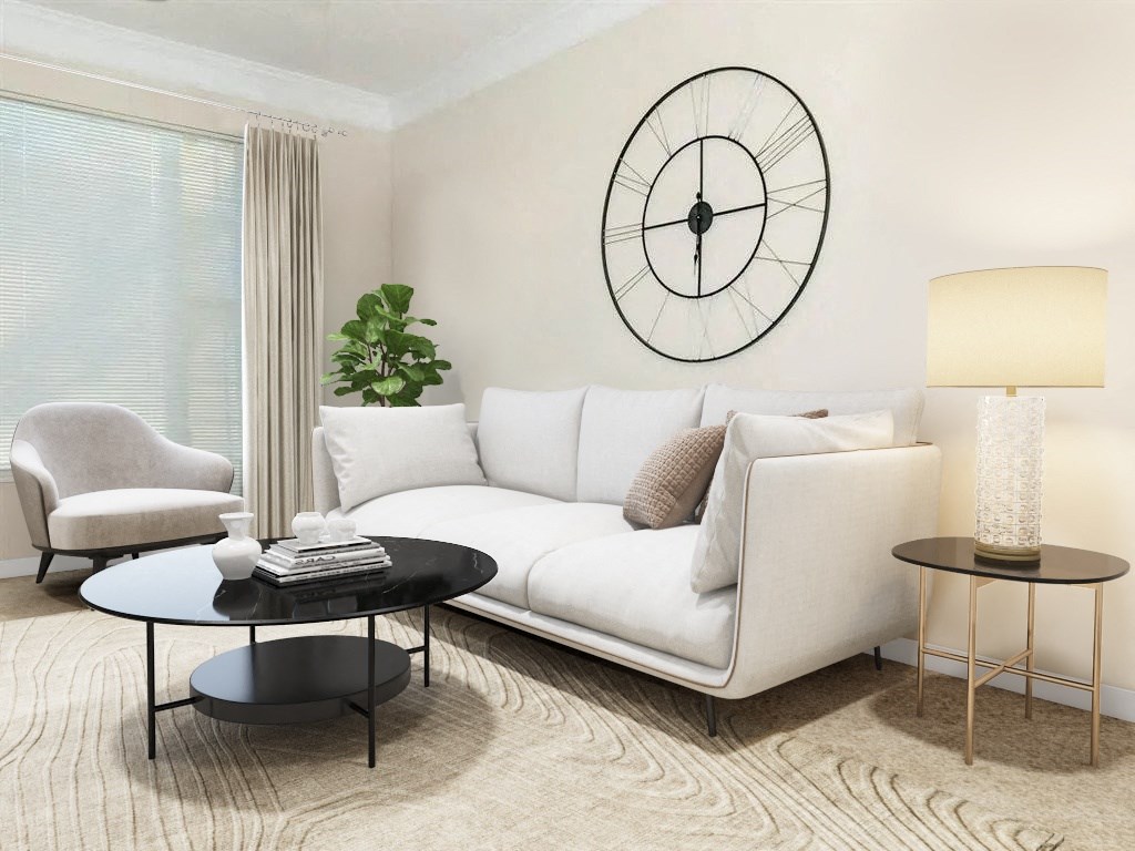 a living room with a couch and a clock on the wall