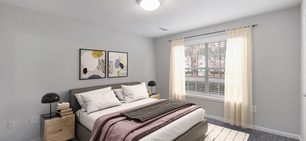 a bedroom with a large window and a bed with white sheets and pillows