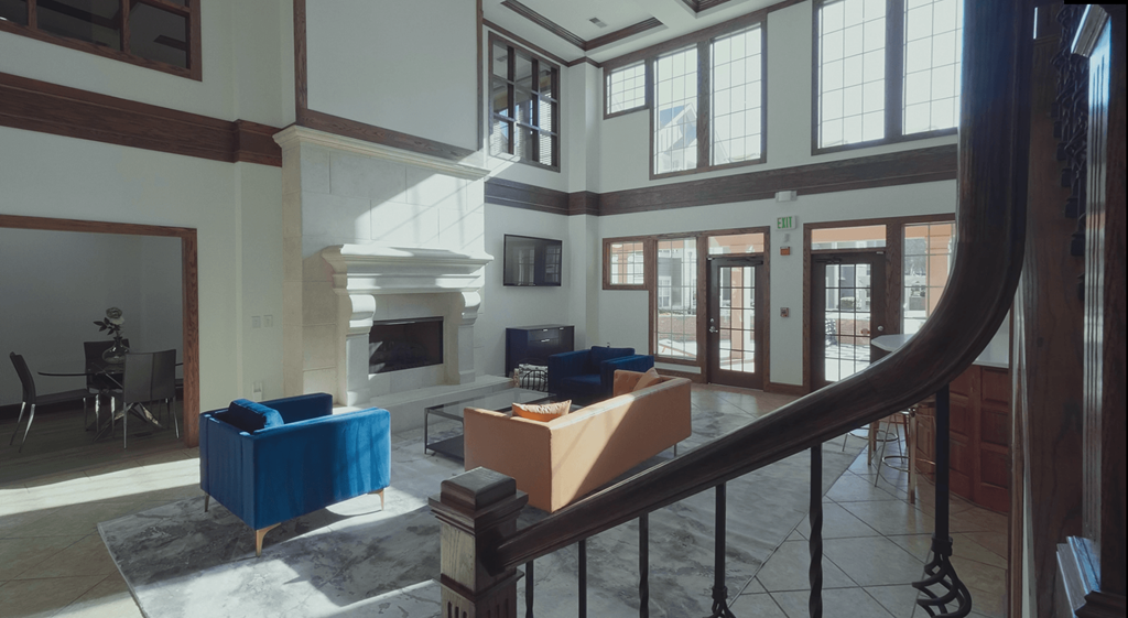 a view of the living room from the staircase