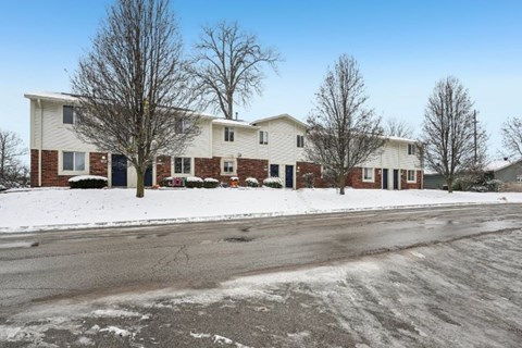 A row of houses with snow on the ground and bare trees.
