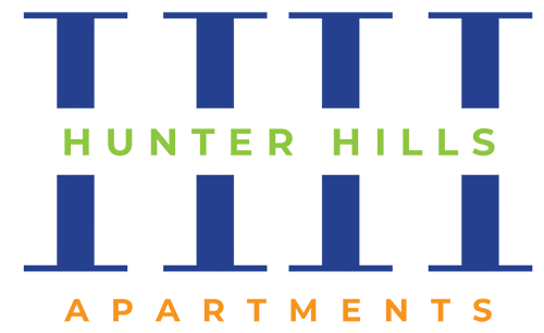 Hunter Hills Apartments logo with blue and green color scheme.