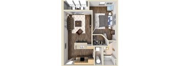 A top-down view of a small apartment with a kitchen, living room, and bathroom.