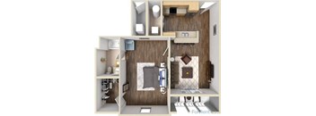 A 3D rendered image of a small apartment layout.