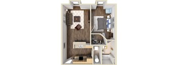 A top-down view of a small apartment with a kitchen, living room, and bathroom.