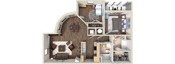 A 3D rendered image of a house layout with various rooms and furniture.